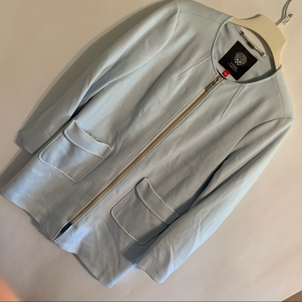 Vince Camuto Light Blue Collarless Zip Front Jacket